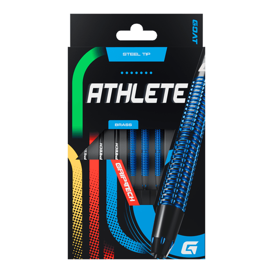 GOAT Athlete Blue Brass Steeldarts - 12g Die Abbildung zeigt die Verpackung der GOAT Athlete Blue Brass Steeldarts mit einem Gewicht von 12g. Auf der Verpackung sind blaue, strukturierte Darts sowie die Aufschrift "ATHLETE" und "GRIPTECH" zu sehen.
