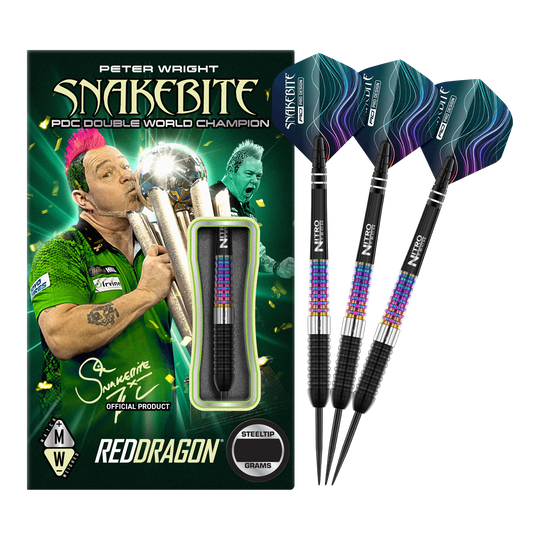 Red Dragon Peter Wright Corra steel darts Die Abbildung zeigt die Red Dragon Peter Wright Corra Steeldarts mit bunter Verpackung. Drei Steeldarts mit farbenfrohem Schaft und schwarzen Spitzen sind neben der Verpackung zu sehen.