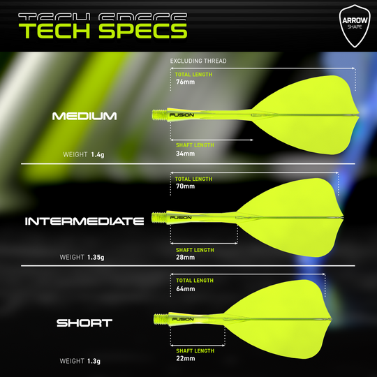 Winmau Fusion Flight Shaft System Arrow Neon Yellow Das Bild zeigt das Winmau Fusion Flight-Shaft-System Arrow Neon Yellow. Es handelt sich um einen leuchtend gelben Flightschaft für Darts.