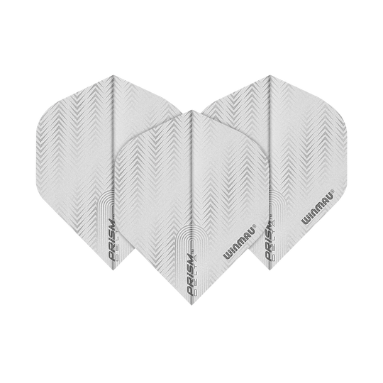 6915-204_Winmau_Prism_Delta_6915-204_Standard_Flights_1qCFmkKbQ4lgqU Das Bild zeigt drei weiße Dart-Flights des Modells "Winmau Prism Delta 6915.204 Standard". Auf jedem Flight sind dezente Muster und die Schriftzüge "PRISM DELTA" und "WINMAU" zu sehen.