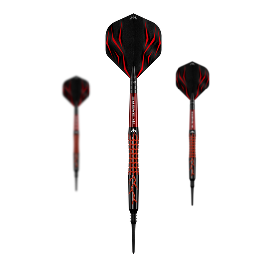 Mission Lava Softdarts - 20g Das Bild zeigt den Mission Lava Softdart mit einem Gewicht von 20g. Der Dart hat ein schwarzes Design mit roten Akzenten und einem auffälligen Muster auf dem Schaft.