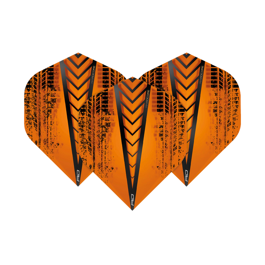 TF6333_Red_Dragon_Hardcore_Radical_Orange_Standard_Flights_14YAnA3Pri9GEw Das Bild zeigt drei Dart-Flights des Modells "Red Dragon Hardcore Radical Orange Standard Flights". Sie sind orange mit schwarzen Mustern und Streifen gestaltet.
