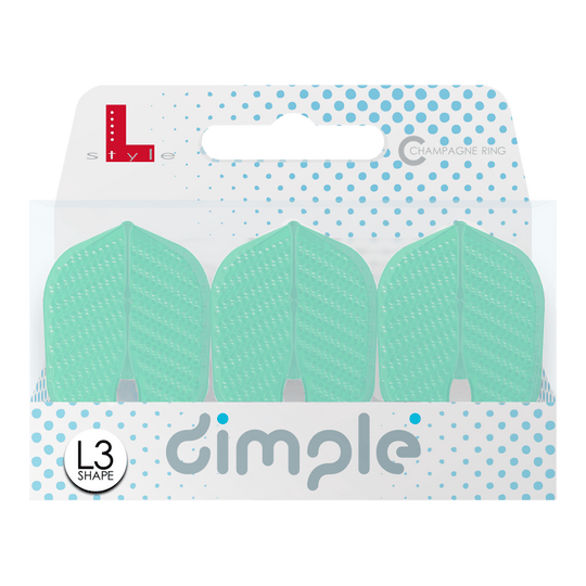 L-Style Flights Dimple Champagne L3PRO Shape Auf dem Bild ist eine Verpackung mit drei mintgrünen Darts-Flights der Marke "L-Style" zu sehen. Das Modell heißt "Dimple Champagne L3PRO Shape" und ist vorne mit blauen Punkten verziert.