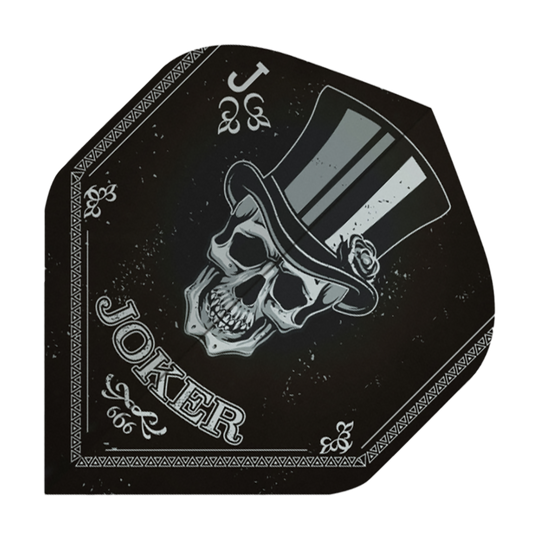 P75_Pentathlon_Metro_Joker_Standard_Flights_1 Das Bild zeigt das Produkt "Pentathlon Metro Joker Standard Flights". Auf dem Flight ist ein Totenkopf mit Zylinder und das Wort "JOKER" abgebildet.