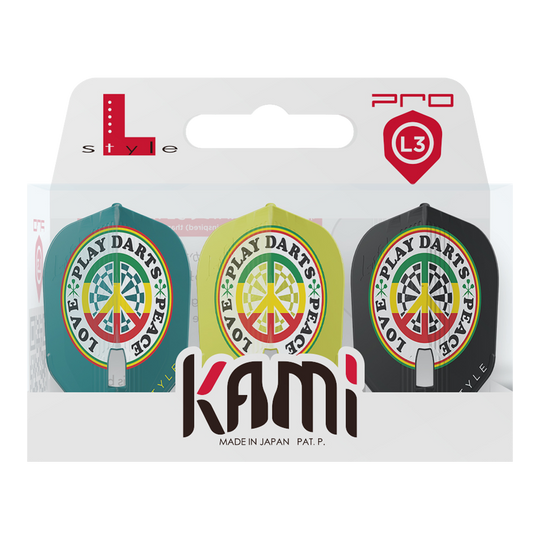 Die Packung zeigt drei unterschiedlich farbige Dart-Flights mit dem Aufdruck "LOVE * PLAY DARTS * PEACE". Das Produkt heißt "L-Style Deta Hedman V4 Mix KAMI Flights" und ist in Japan hergestellt.