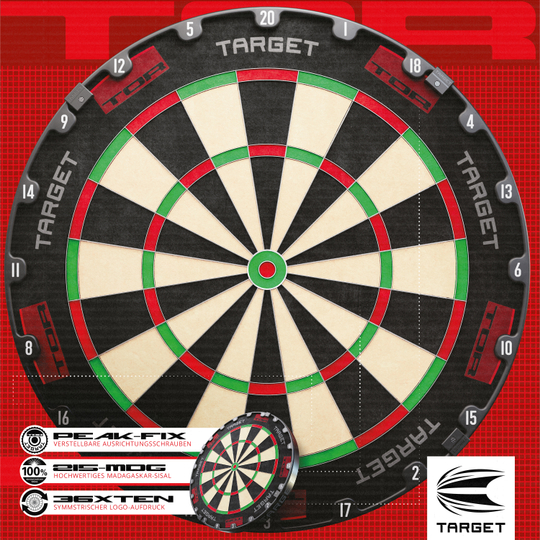 Target TOR Steel Dartboard Das Bild zeigt die Steeldart-Scheibe "Target TOR" mit klassischem Design in Schwarz, Weiß, Rot und Grün. Im Vordergrund sind Logos und spezielle Merkmale der Dartscheibe hervorgehoben.