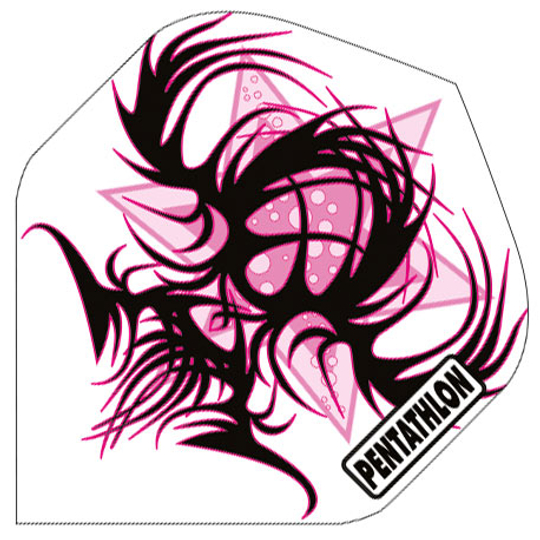 p144 Das Bild zeigt das Produkt "Pentathlon Flights P144" mit einem auffälligen pink-schwarzen abstrakten Design. In einer Ecke befindet sich das Pentathlon-Logo.