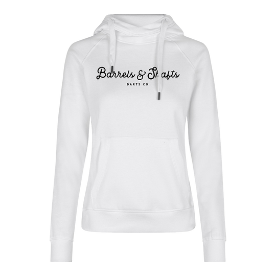 Barrels and Shafts Women's Hoodie - White Dies ist ein weißer Damen-Hoodie mit Kapuze und Kängurutasche. Auf der Vorderseite steht der Text "Barrels & Shafts Darts Co".
