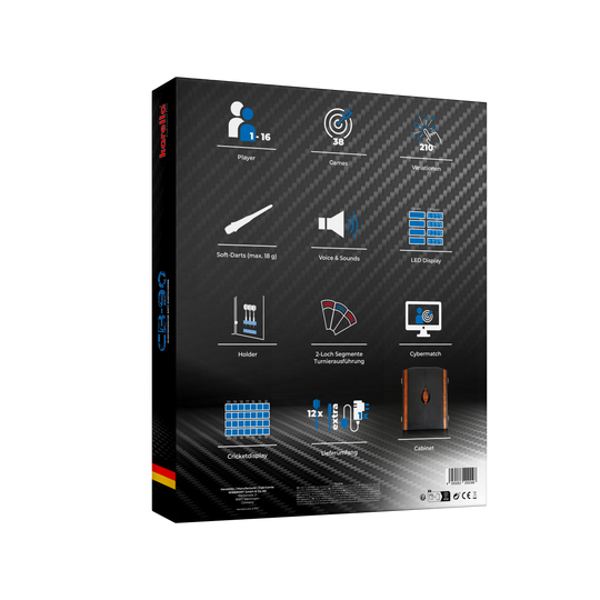 Die Abbildung zeigt die Rückseite der Verpackung der elektronischen Dartscheibe CB 90 Turnierausführung mit Symbolen zu den wichtigsten Funktionen. Es werden verschiedene Merkmale wie Spieleranzahl, Spielmodi, LED-Display und Zubehör dargestellt.