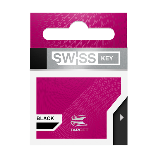 340007_Target_Swiss_Point_Key_Premium_3 Das Bild zeigt die Verpackung des Produkts „Target Swiss Point Key Premium“ in der Farbe Schwarz. Die Verpackung ist überwiegend pink mit weißen und schwarzen Akzenten und dem Target-Logo.