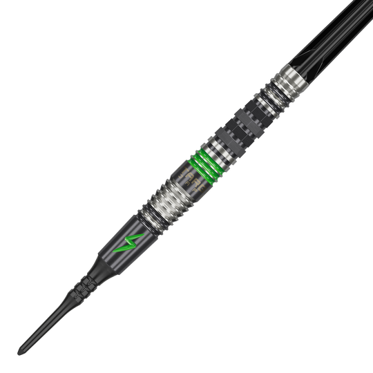 Target Japan Black Marque Lightning 3 Soft Darts - 19g Das Bild zeigt einen Softdart namens "Target Japan Black Marque Lightning 3" mit einem Gewicht von 19g. Der Dart ist schwarz-silber mit grünen Akzenten und einem Blitzsymbol verziert.