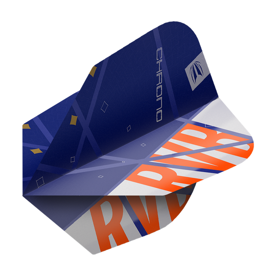 Das Bild zeigt ein Dartflight mit dem Design "Target Pro Ultra Raymond Van Barneveld Chrono No6". Das Flight ist überwiegend dunkelblau mit orangen und weißen Akzenten sowie der Aufschrift "RVB" und "Chrono".