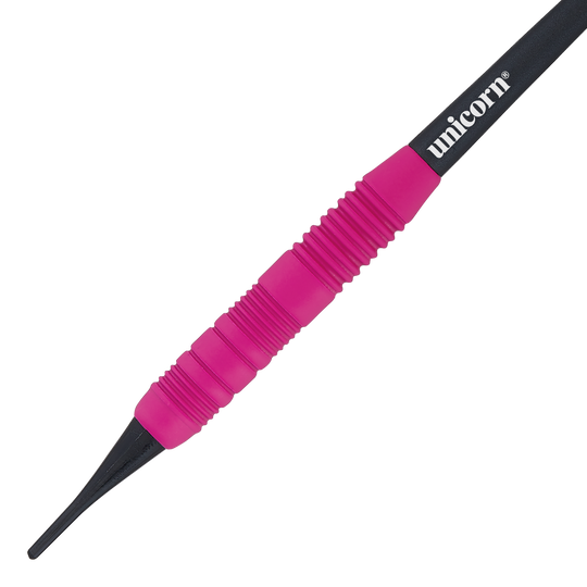 Das Bild zeigt einen Unicorn Core Plus Rubberised Pink Softdart mit einem Gewicht von 19g. Der Dart hat einen pinken, gummierten Griff und eine schwarze Spitze.