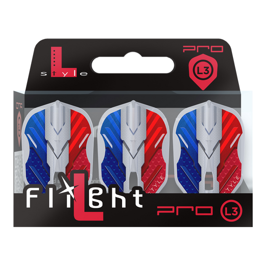 L-Style V-Series V1 Type B France Clear White L3PRO Flights Das Bild zeigt eine Verpackung mit drei Dartflights der Marke L-Style in den Farben Blau, Weiß und Rot. Auf der Verpackung steht "Flight L Pro L3", und die Flights haben ein modernes, kantiges Design.