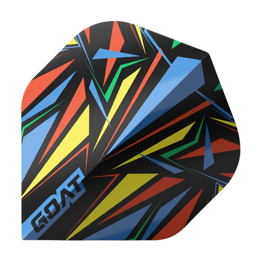 GOAT Athlete Blue No2 Standard Flights Dieses Bild zeigt ein Dart-Flight mit einem bunten, geometrischen Muster in Blau, Gelb, Rot und Grün. Auf dem Flight steht das Wort "GOAT" in blauen Buchstaben.