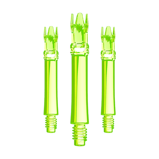 Hier ist ein Set neongelber Ersatzshafts abgebildet. Mehrere Shafts sind nebeneinander aufgereiht.