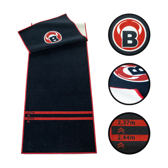 67805_Bulls_Carpet-Mat_Teppich_170_Black_2 Das Bild zeigt den Bulls Carpet-Mat Teppich 170 in Schwarz mit roten Markierungen und einem großen "B"-Logo. Auf dem Teppich sind zwei Längenmaße (2,37 m und 2,44 m) in Rot eingezeichnet.
