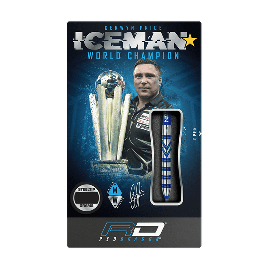 RD1890_Red_Dragon_Gerwyn_Price_Blue_90_Steeldarts_3 Auf der Verpackung sind die Red Dragon Gerwyn Price Blue 90% Steeldarts abgebildet. Im Hintergrund sieht man Gerwyn Price sowie eine Trophäe und den Schriftzug "ICEMAN WORLD CHAMPION".