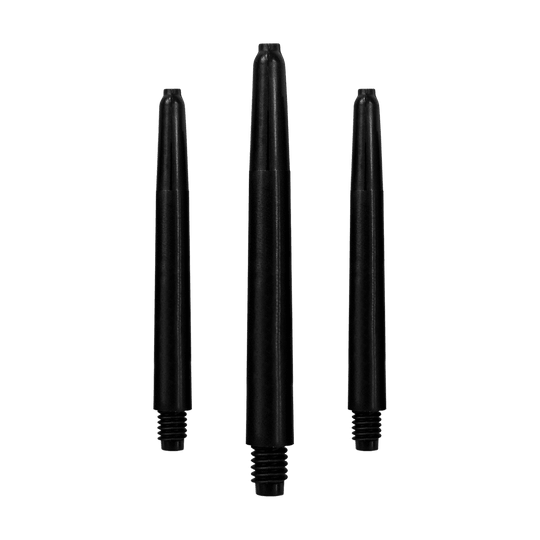 568_Nylon_Shafts_Schwarz_48mm_1 Das Bild zeigt drei schwarze Nylon-Schäfte für Dartpfeile. Sie sind in einer Reihe aufrecht angeordnet.