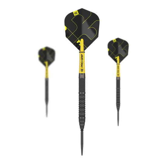 Das Bild zeigt drei Steeldarts des Produkts "Target Bolide Void 01 Swiss Point". Die Darts sind in Schwarz und Gelb gehalten und haben einen modernen, sportlichen Look.