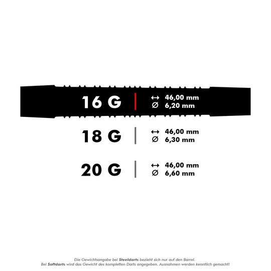 Harrows Supergrip Black Edition soft darts Das Bild zeigt drei verschiedene Gewichtsklassen von Darts: 16g, 18g und 20g, jeweils mit den entsprechenden Längen und Durchmessern. Die Länge beträgt bei allen Varianten 46,00 mm, während die Durchmesser je nach Gewicht variieren.
