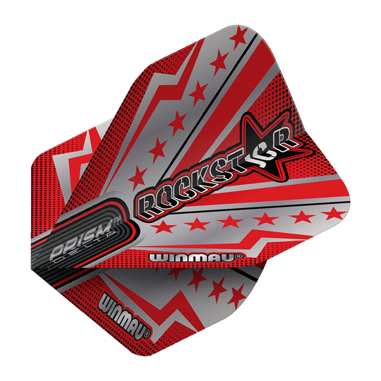 Winmau Prism Delta Joe Cullen Rockstar Series No2 Standard Flights Das Bild zeigt ein Dartflight aus der Winmau Prism Delta Joe Cullen Rockstar Series No2 Standard Flights. Das Design ist in Rot, Silber und Schwarz gehalten und zeigt Sterne sowie das Wort "Rockstar" in großer Schrift.