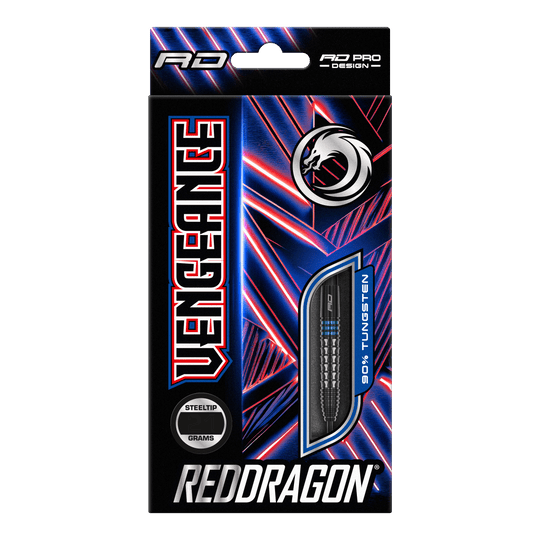 Red Dragon Vengeance Blue Steel Darts Auf dem Bild ist die Verpackung der "Red Dragon Vengeance Blue Steeldarts" zu sehen. Die Schachtel ist schwarz mit blauen und roten Akzenten und zeigt einen Dartpfeil mit dem Hinweis auf 90% Tungsten.
