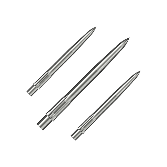 Caliburn System Steel Dart Tips - Smooth - Silver Das Bild zeigt drei silberne, glatte Steeldartspitzen. Sie liegen parallel nebeneinander auf weißem Hintergrund.