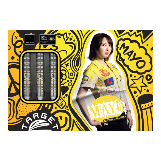 Target Japan Prime Series Mayujo Morita GEN6 Soft Darts - 18g Die Verpackung zeigt die "Target Japan Prime Series Mayuko Morita GEN6 Softdarts - 18g". Links sind die Darts zu sehen, rechts ist ein Bild von Mayuko Morita mit buntem Hintergrund.