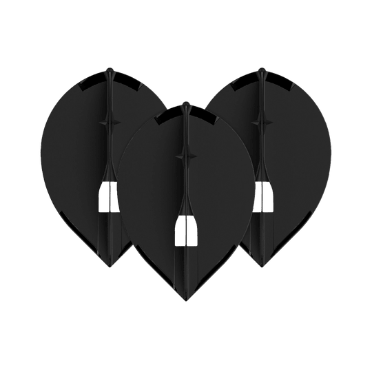 L-Style Champagne L2PRO Teardrop Flights - Black Das Bild zeigt drei schwarze L-Style Champagne L2PRO Teardrop Flights. Sie sind in einer gleichmäßigen Anordnung nebeneinander platziert.