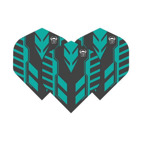 Bulls B-Star Veco No2 Standard Flights Das Bild zeigt drei schwarze Dartflights mit türkisfarbenem Pfeilmuster. Oben ist das weiße Bulls-Logo zu sehen.