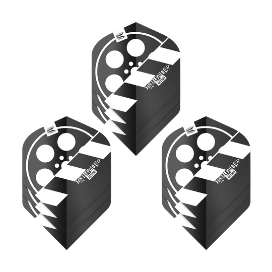 Das Bild zeigt drei Sets von Dart-Flights mit einem Filmklappen-Design in Schwarz und Weiß. Die Flights tragen den Namen "Target Pro Ultra Chris Dobey Hollywood Action No2 Standard Flights".