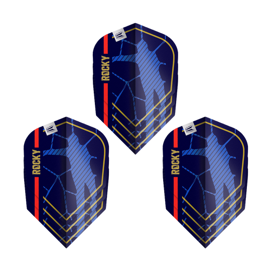 Target Pro Ultra Josh Rock GEN1 No6 Flights - 3 Sets Das Bild zeigt drei Dartflights des Produkts „Target Pro Ultra Josh Rock GEN1 No6 Flights - 3 Sets“. Die Flights sind dunkelblau mit goldenen Linien, einer roten Streifen und dem Schriftzug „ROCKY“ versehen.