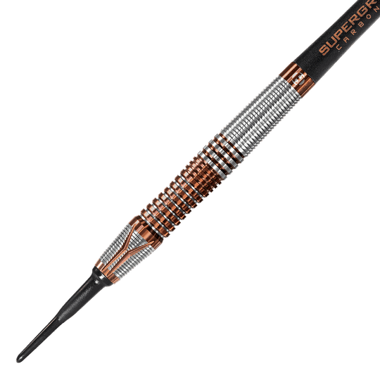 HA33850_Harrows_Toro_Softdarts_2 Dies ist ein Softdartpfeil mit einer geriffelten Silber- und Kupferoberfläche. Die Spitze ist aus schwarzem Kunststoff gefertigt.