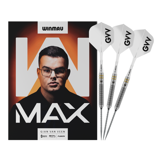 Das Bild zeigt Winmau Gian Van Veen W-MAX Switch Point Steeldarts in voller Länge. Alle Details des Darts sind sichtbar.