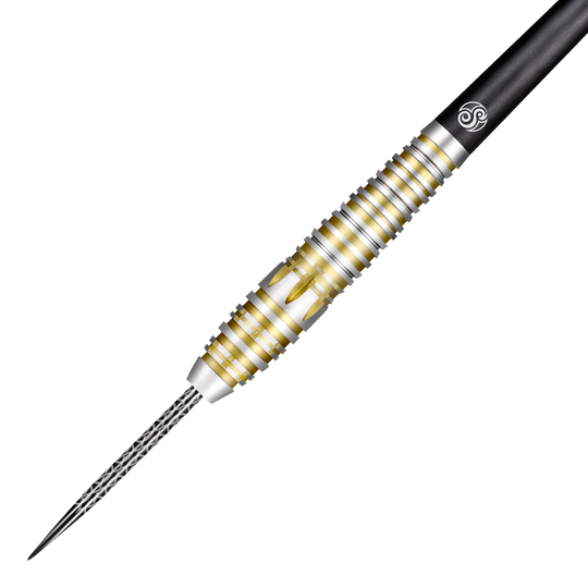 Shot Celt Balor Steeldarts Das Bild zeigt einen Shot Celt Balor Steeldart mit silbernen und goldenen Rillen am Griff. Die Spitze ist aus Metall und der Schaft ist schwarz.