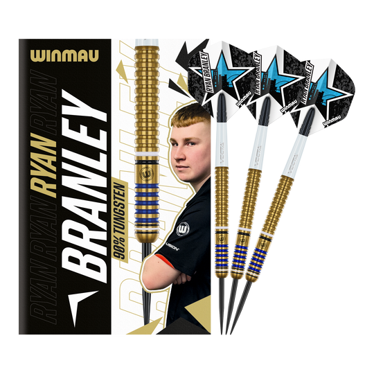 Winmau Ryan Branley Steel Darts - 23g Das Bild zeigt die Winmau Ryan Branley Steeldarts mit einem Gewicht von 23 Gramm. Die Darts sind goldfarben mit blauen Ringen und werden zusammen mit einer Verpackung präsentiert, auf der ein Porträt von Ryan Branley abgebildet ist.
