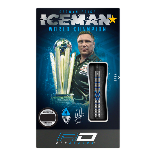 Red Dragon Gerwyn Price Iceman Midnight Edition steel darts Das Bild zeigt die Verpackung der "Red Dragon Gerwyn Price Iceman Midnight Edition Steeldarts". Auf der Verpackung ist ein Bild von Gerwyn Price mit einem Pokal und einem Steel-Dart abgebildet.