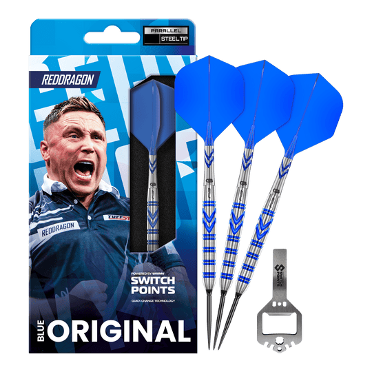 Red Dragon Gerwyn Price Blue Original Switch Point Steeldarts Das Bild zeigt die Red Dragon Gerwyn Price Blue Original Switch Point Steeldarts. Es handelt sich um hochwertige Steeldarts mit blauem Design.