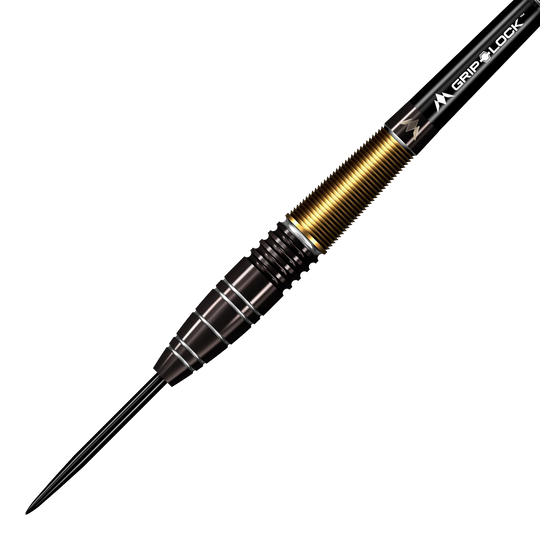 Mission Crypt Model 1 Steel Darts - 22g Das Bild zeigt einen Mission Crypt Model 1 Steeldart mit einem Gewicht von 22g. Der Dart hat ein elegantes Design mit schwarzen und goldenen Akzenten.