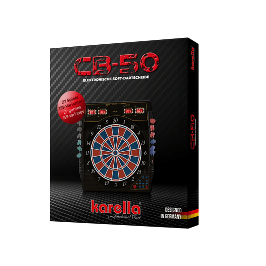 Die Abbildung zeigt die Produktverpackung der elektronischen Dartscheibe Karella CB 50 Turnierausführung. Auf der Verpackung sind Informationen wie „27 Spiele, 159 Varianten“ und „Designed in Germany“ zu sehen.