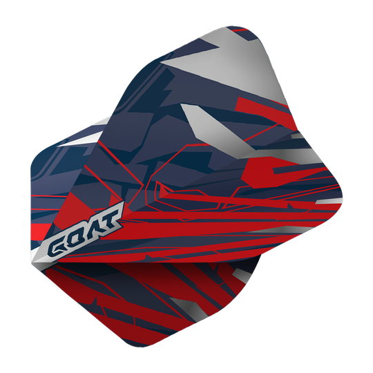 Das Bild zeigt das Produkt „GOAT Homerun No2 Standard Flights“. Die Dartflights haben ein modernes, abstraktes Design in Rot, Blau und Grau mit dem GOAT-Logo an der Seite.