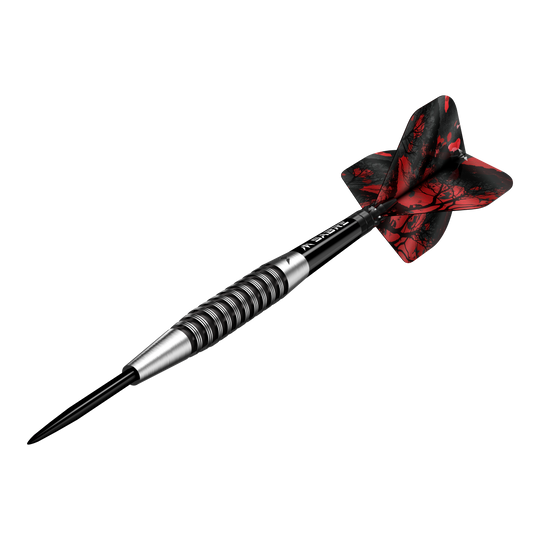Abgebildet ist der Mission Kunai Black PVD Steeldarts mit einem Gewicht von 23g. Der Dart hat ein elegantes schwarzes Design und eignet sich ideal für Präzisionswurf.