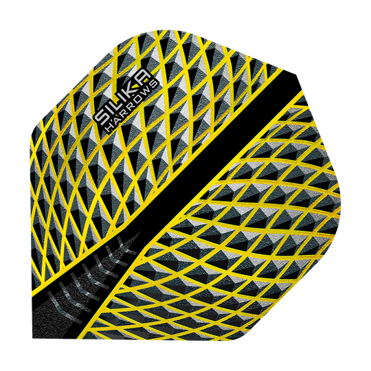 HR88_Harrows_Silika_Yellow_No2_Standard_Flights_1 Das Bild zeigt das Produkt "Harrows Silika Yellow No2 Standard Flights". Die Dart-Flights haben ein auffälliges gelb-schwarzes geometrisches Muster.