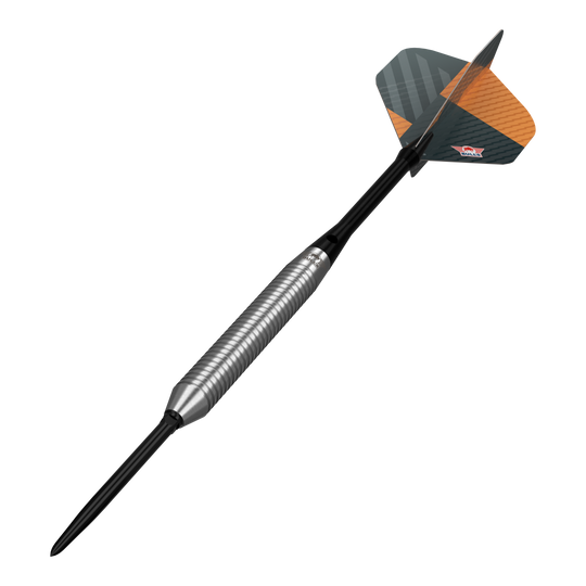 Das Bild zeigt Bulls NL Volt Orange Convertible Point Steeldarts. Aufgrund des Orangedesigns wirken die Darts auffällig.