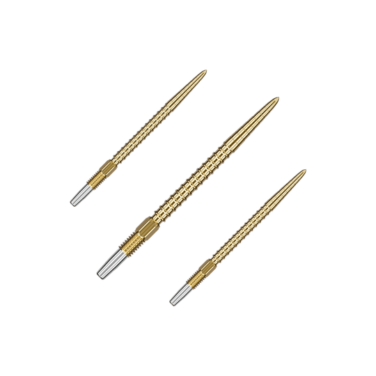 Target Swiss Point Chrono Dart Tips - Gold Das Bild zeigt drei goldfarbene Dartspitzen mit silbernem Gewinde am hinteren Ende. Sie sind gleichmäßig angeordnet und haben ein schlankes, spitzes Design.