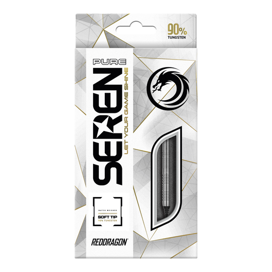 Die Verpackung zeigt das Produkt "Red Dragon Seren 1 Pure Softdarts - 20g". Das Design ist überwiegend weiß mit goldenen und schwarzen Akzenten und hebt die Qualität aus 90 % Tungsten hervor.