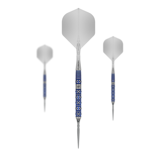 Abgebildet ist ein Set der Winmau Lunaris Parallel Switch Point Steeldarts. Mehrere Darts sind zusammen als Set angeordnet.