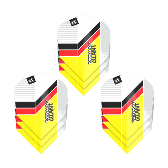 Target Pro Ultra Gabriel Clemens No6 Flights - 3 sets Das Bild zeigt drei Sets von Target Pro Ultra Gabriel Clemens No6 Flights. Die Flights haben ein Design in den Farben Weiß, Gelb, Rot und Schwarz mit der Aufschrift "GERMAN GIANT".