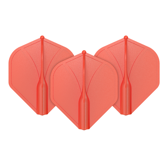 Das Bild zeigt drei rote Dartflights, die nebeneinander angeordnet sind. Sie haben eine einheitliche Form und glatte Oberfläche.
